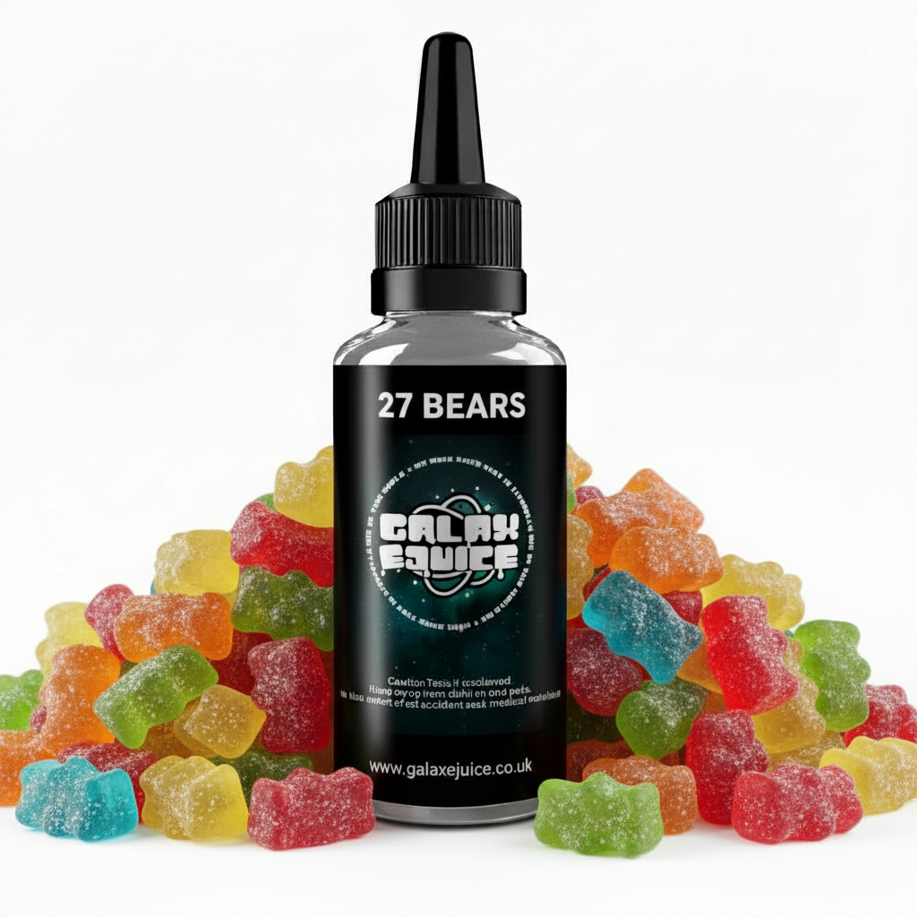 Bottle of Galax-E-Juice 27 Bears Gummy E-Liquid 100ml Shortfill with gummy bear sweets on a white background