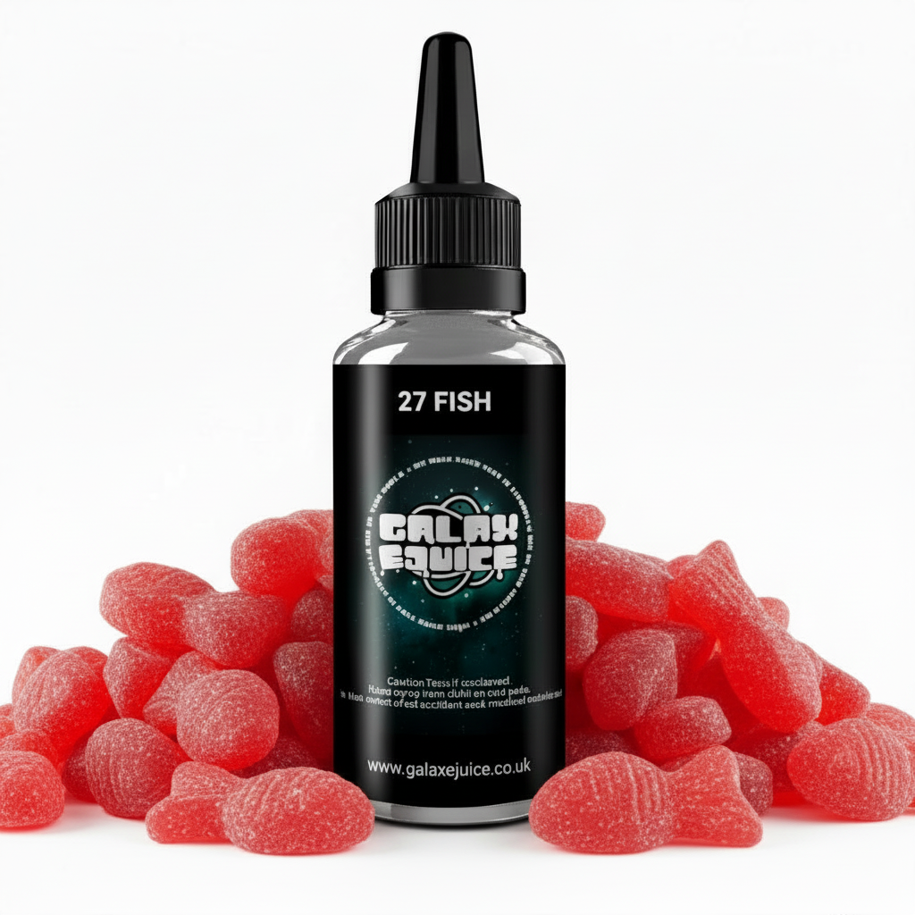 Bottle of Galax-E-Juice 27 Fish Gummy E-Liquid 100ml Shortfill with gummy fish sweets on a white background
