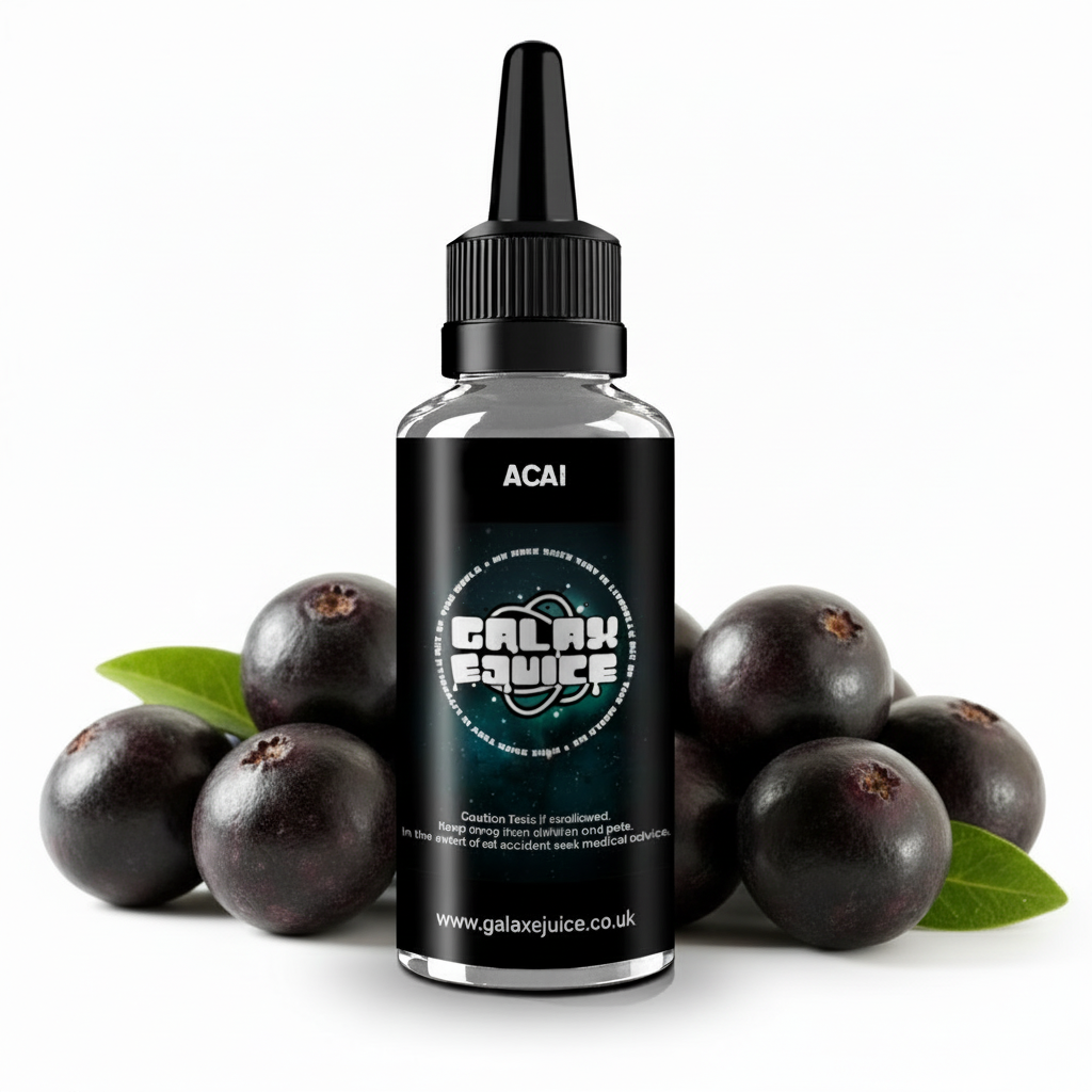 Bottle of Galax-E-Juice Acai E-Liquid 100ml Shortfill with acai berries on a white background