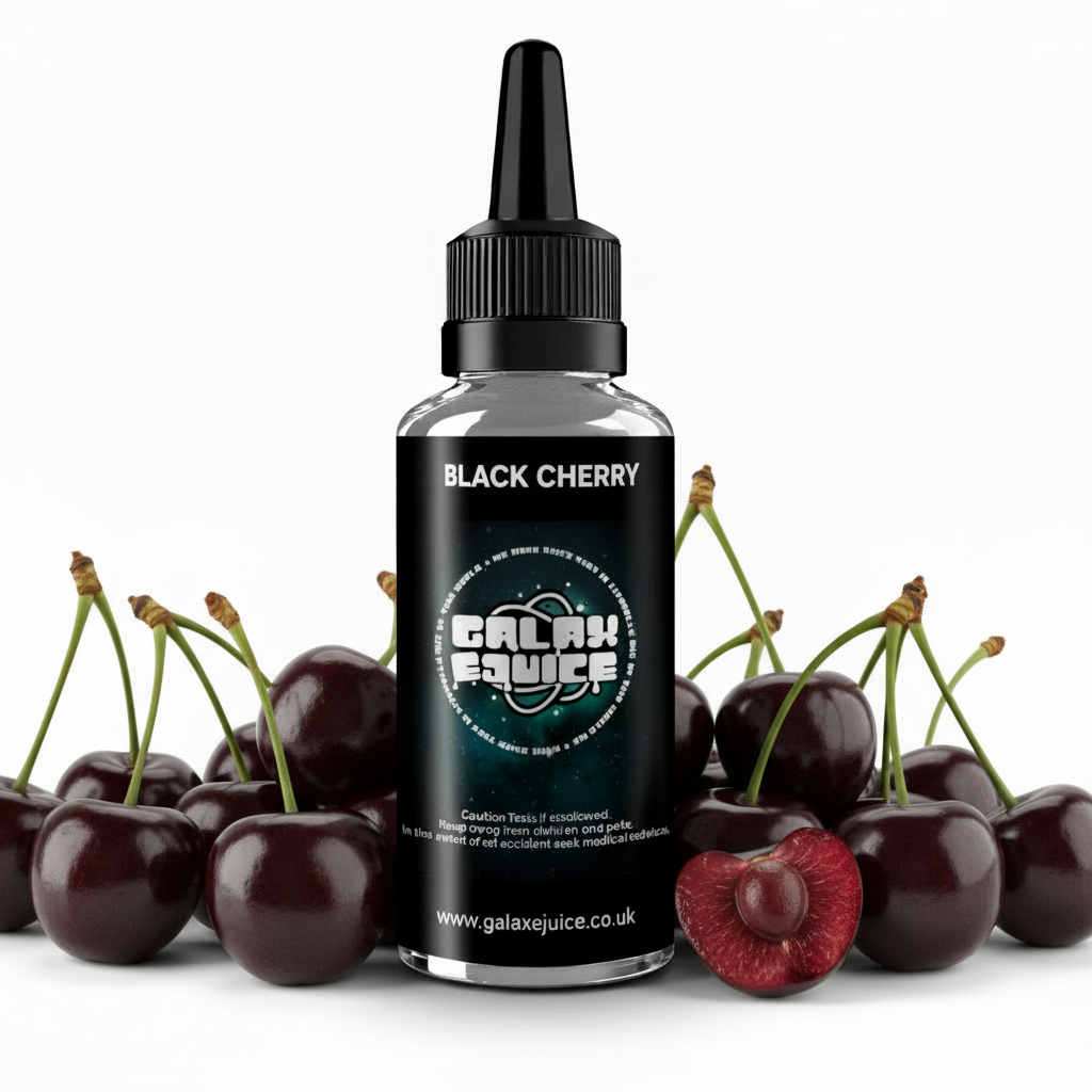 Bottle of Galax-E-Juice Black Cherry E-Liquid 100ml Shortfill with black cherries on a white background