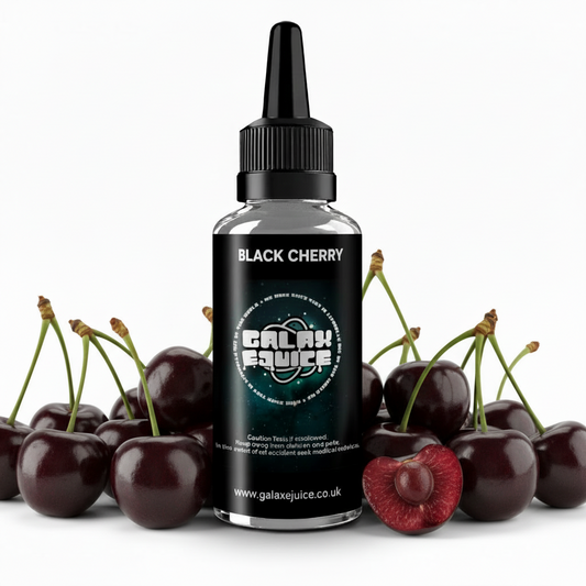 Bottle of Galax-E-Juice Black Cherry E-Liquid 100ml Shortfill with black cherries on a white background