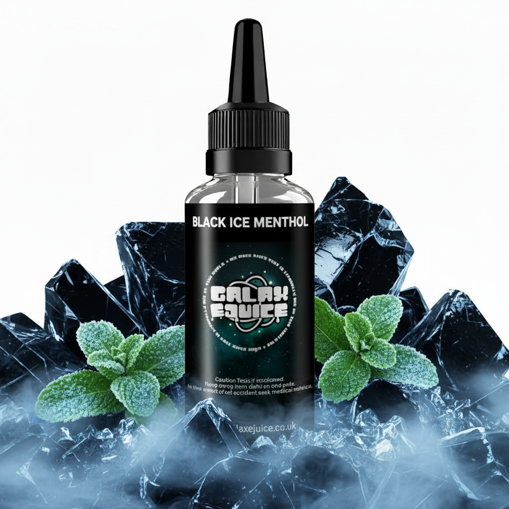 Bottle of Galax-E-Juice Black Ice Menthol E-Liquid 100ml Shortfill with blackcurrants and ice on a white background