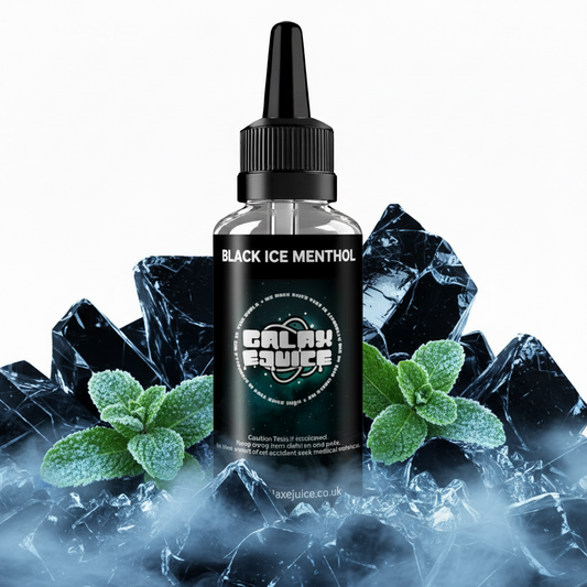 Bottle of Galax-E-Juice Black Ice Menthol E-Liquid 100ml Shortfill with blackcurrants and ice on a white background