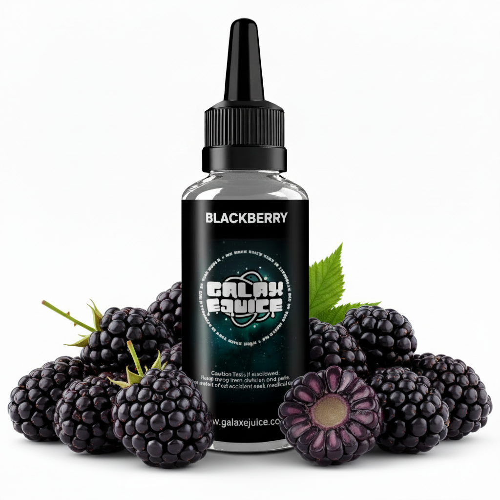 Bottle of Galax-E-Juice Blackberry E-Liquid 100ml Shortfill with fresh blackberries on a white background