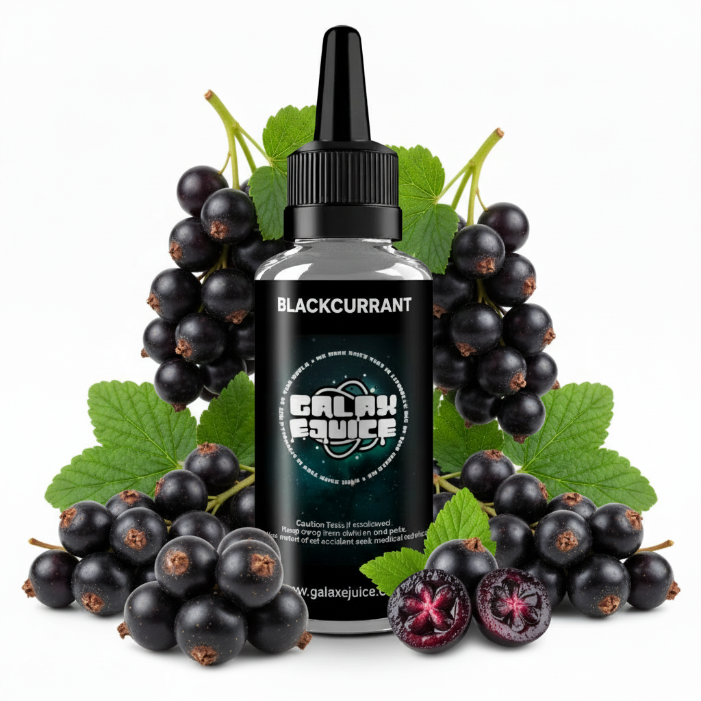 Bottle of Galax-E-Juice Blackcurrant E-Liquid 100ml Shortfill with fresh blackcurrants on a white background