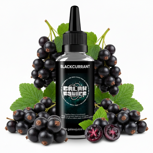 Bottle of Galax-E-Juice Blackcurrant E-Liquid 100ml Shortfill with fresh blackcurrants on a white background