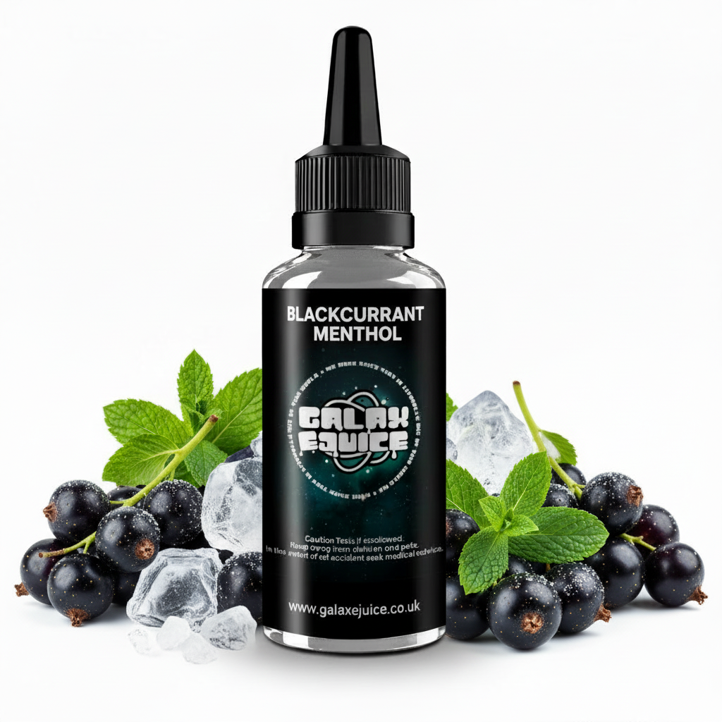 Bottle of Galax-E-Juice Blackcurrant Menthol E-Liquid 100ml Shortfill with blackcurrants and menthol on a white background