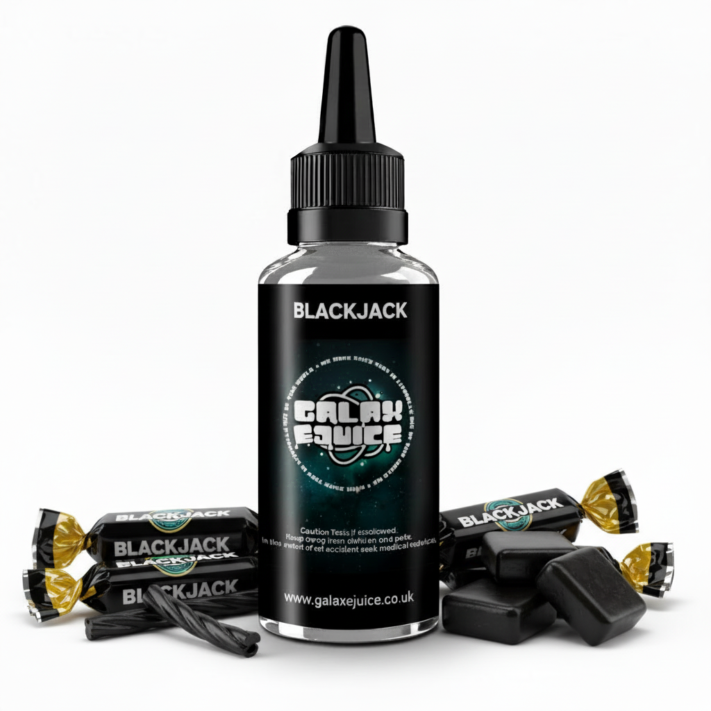 Bottle of Galax-E-Juice Blackjack E-Liquid 100ml Shortfill with blackcurrant and aniseed sweets on a white background