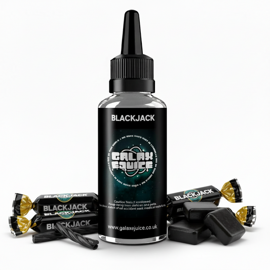 Bottle of Galax-E-Juice Blackjack E-Liquid 100ml Shortfill with blackcurrant and aniseed sweets on a white background