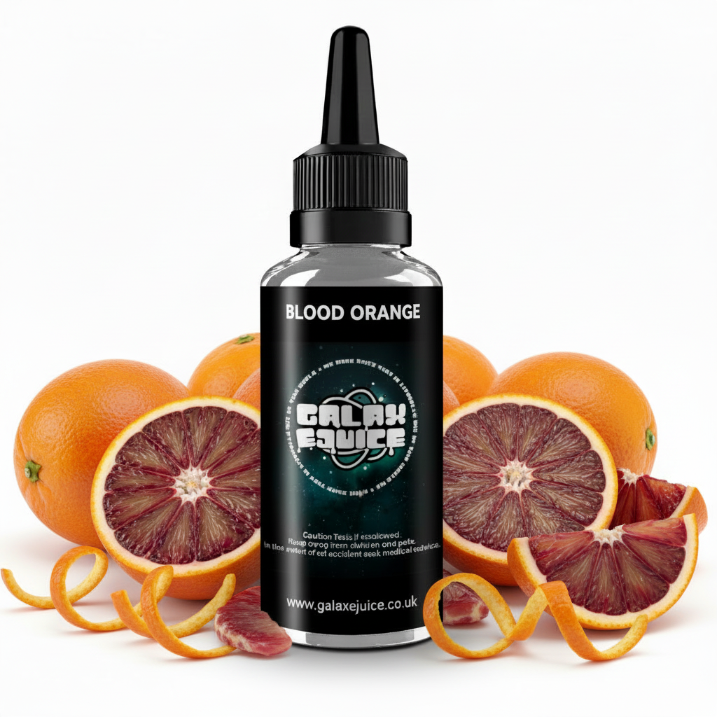 Bottle of Galax-E-Juice Blood Orange E-Liquid 100ml Shortfill with blood oranges on a white background