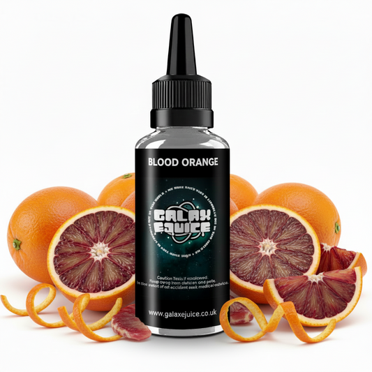 Bottle of Galax-E-Juice Blood Orange E-Liquid 100ml Shortfill with blood oranges on a white background