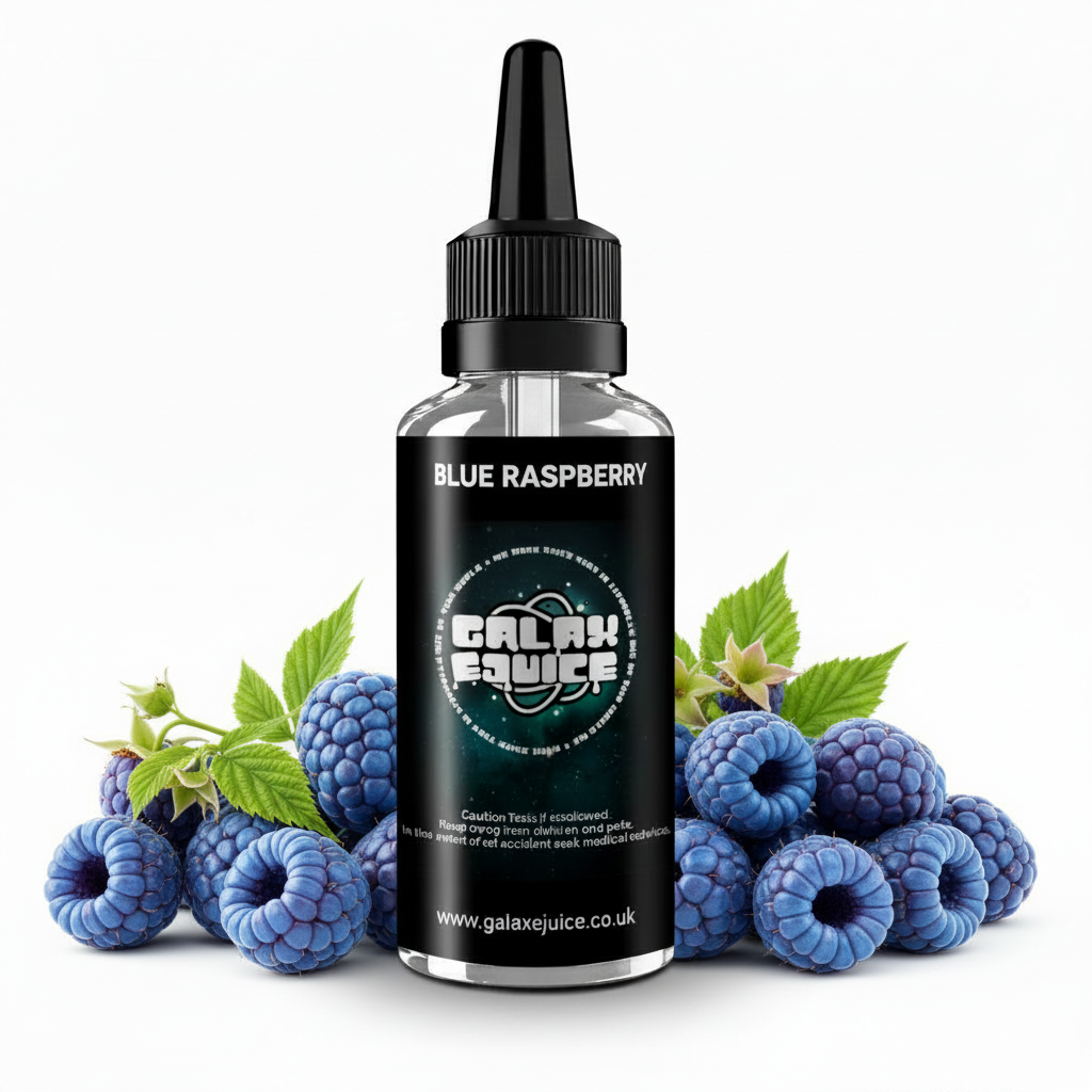 Bottle of Galax-E-Juice Blue Raspberry E-Liquid 100ml Shortfill with blue raspberries on a white background