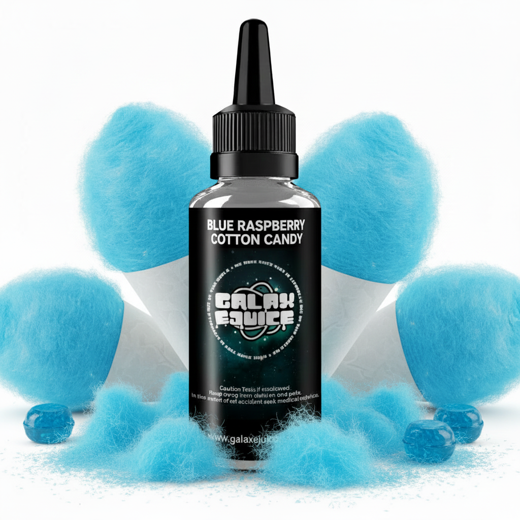 Bottle of Galax-E-Juice Blue Raspberry Cotton Candy E-Liquid 100ml Shortfill with blue raspberry candy on a white background