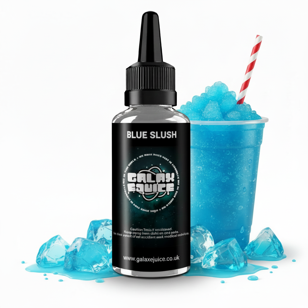 Bottle of Galax-E-Juice Blue Slush E-Liquid 100ml Shortfill with a blue slush drink on a white background