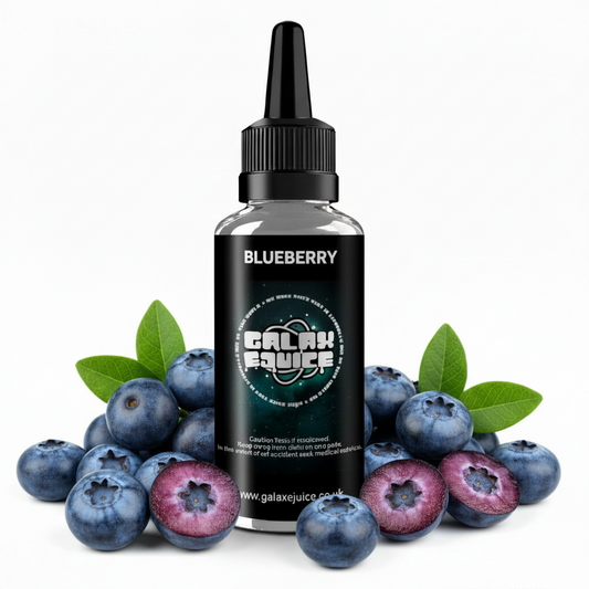 Bottle of Galax-E-Juice Blueberry E-Liquid 100ml Shortfill with fresh blueberries on a white background