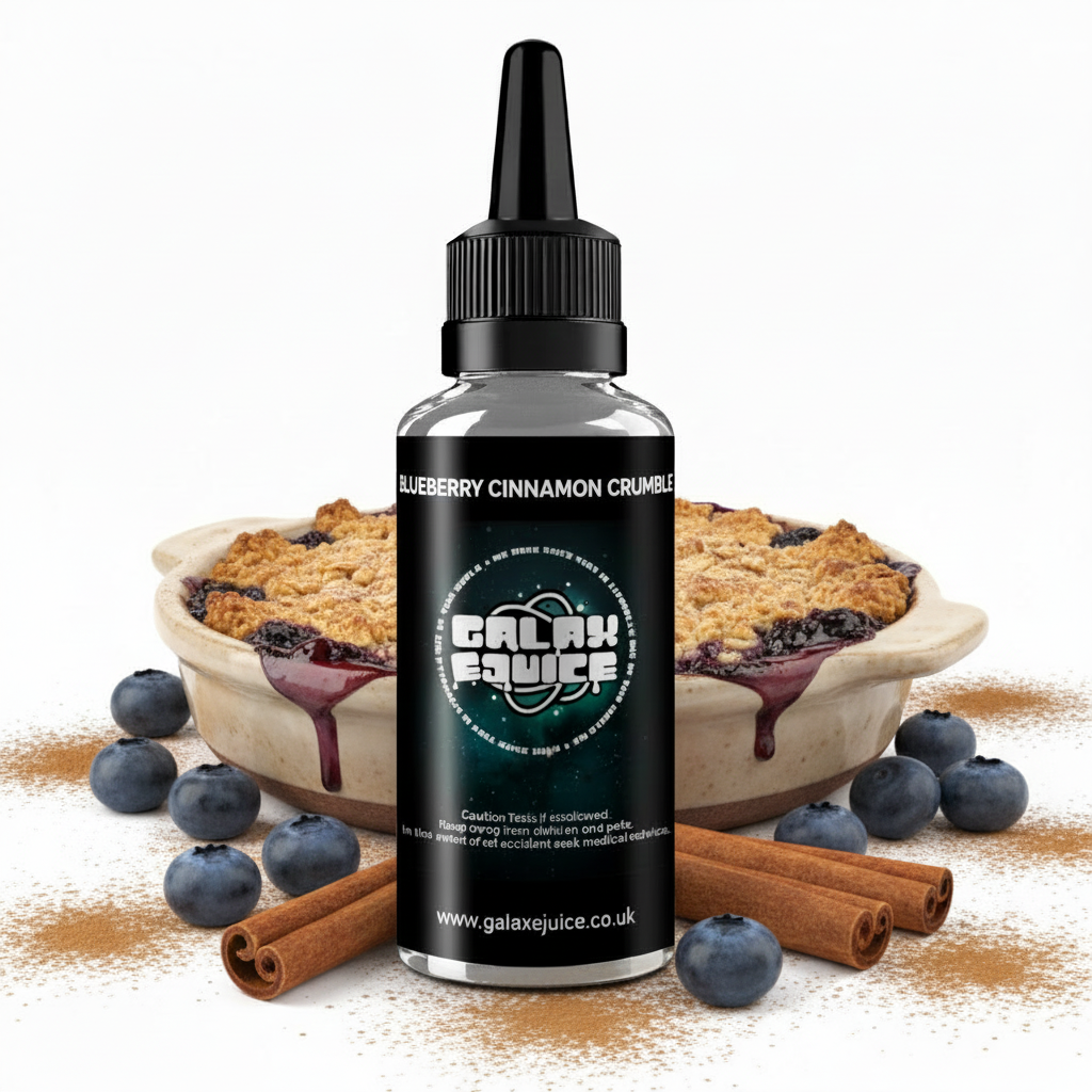 Bottle of Galax-E-Juice Blueberry Cinnamon Crumble E-Liquid 100ml Shortfill with blueberries and cinnamon crumble on a white background