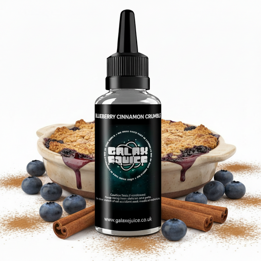 Bottle of Galax-E-Juice Blueberry Cinnamon Crumble E-Liquid 100ml Shortfill with blueberries and cinnamon crumble on a white background