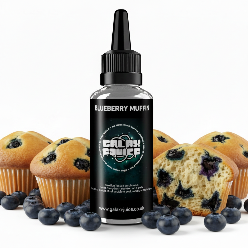 Bottle of Galax-E-Juice Blueberry Muffin E-Liquid 100ml Shortfill with blueberry muffins on a white background