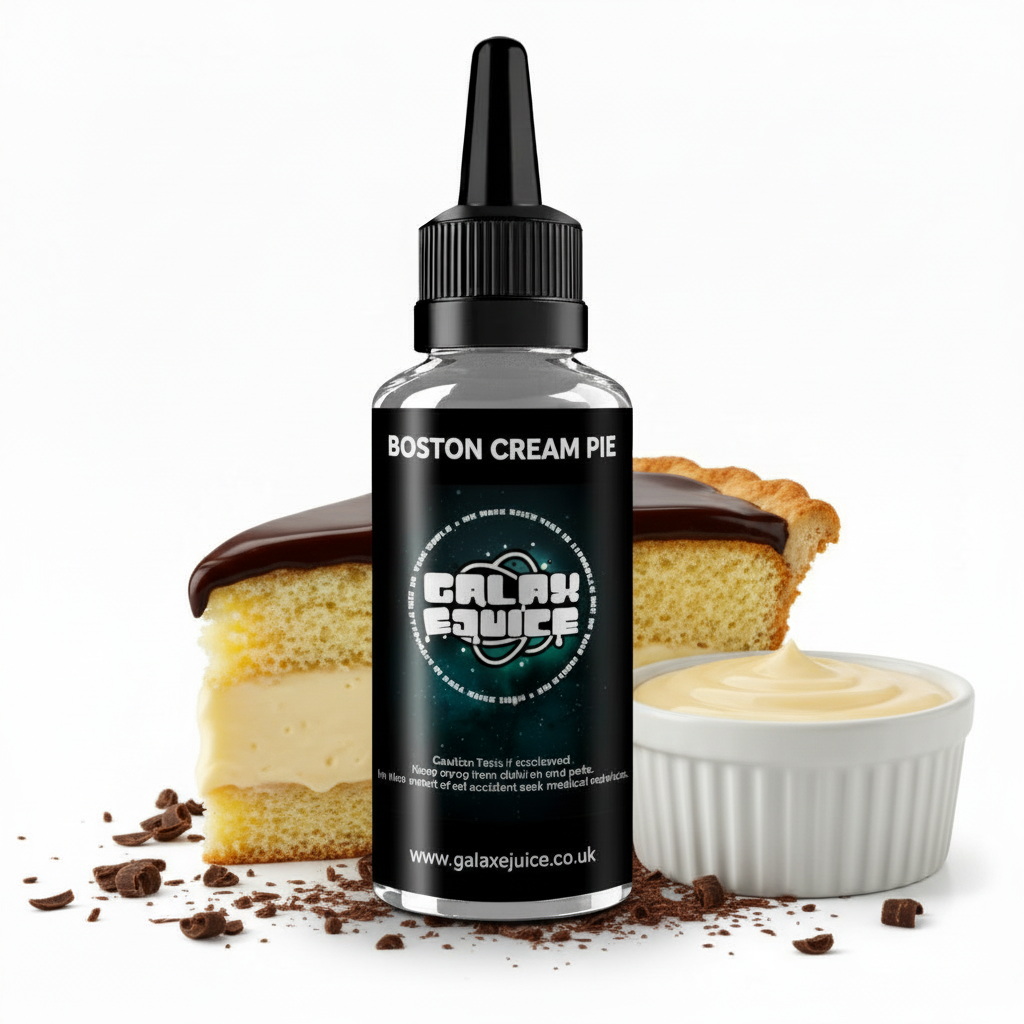 Bottle of Galax-E-Juice Boston Cream Pie E-Liquid 100ml Shortfill with boston cream pie on a white background