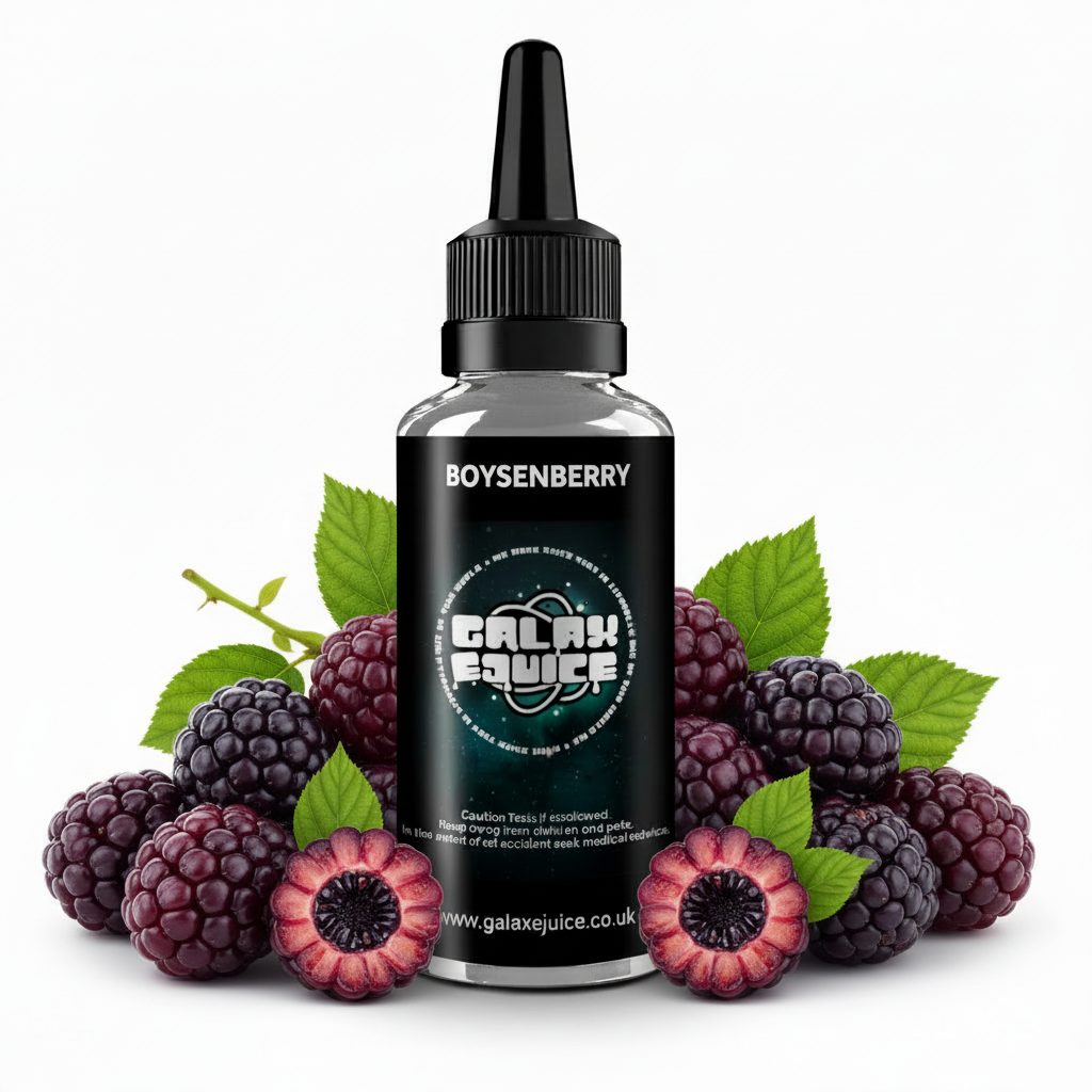 Bottle of Galax-E-Juice Boysenberry E-Liquid 100ml Shortfill with fresh boysenberries on a white background