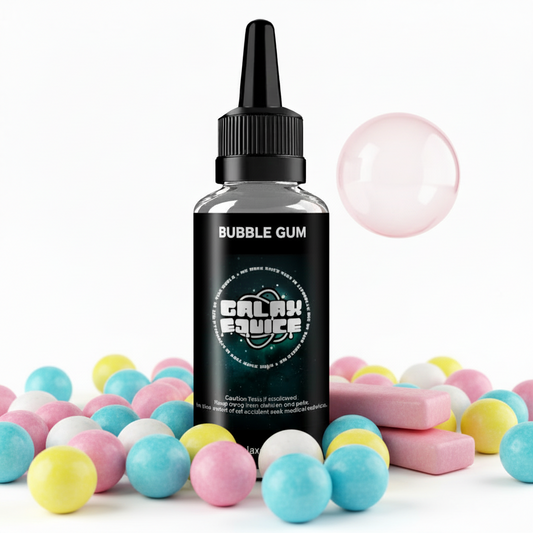 Bottle of Galax-E-Juice Bubblegum E-Liquid 100ml Shortfill with bubblegum balls on a white background