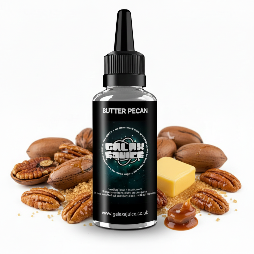 Bottle of Galax-E-Juice Butter Pecan E-Liquid 100ml Shortfill with butter pecan nuts on a white background