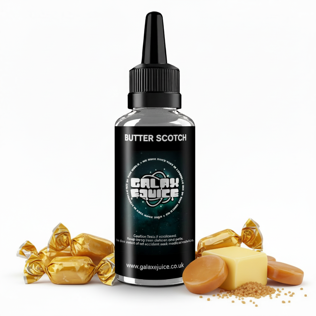 Bottle of Galax-E-Juice Butterscotch E-Liquid 100ml Shortfill with butterscotch sweets on a white background