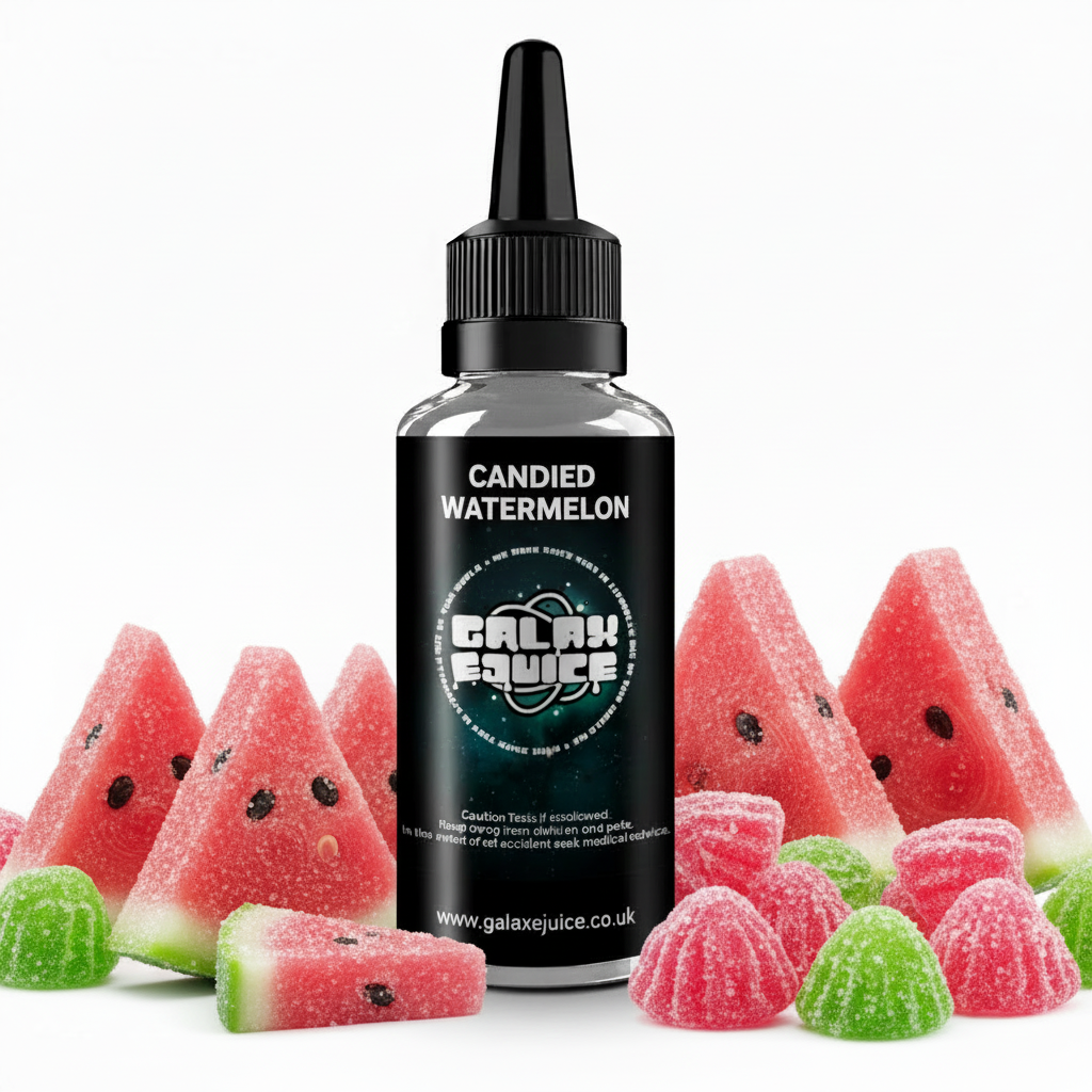 Bottle of Galax-E-Juice Candied Watermelon E-Liquid 100ml Shortfill with candied watermelon on a white background