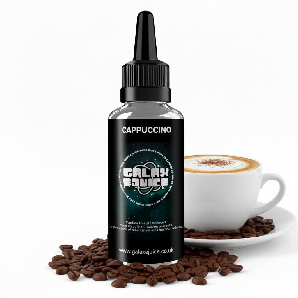 Bottle of Galax-E-Juice Cappuccino E-Liquid 100ml Shortfill with a frothy cappuccino on a white background