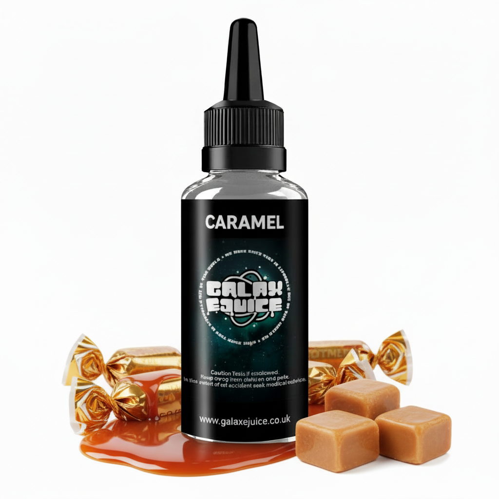 Bottle of Galax-E-Juice Caramel E-Liquid 100ml Shortfill with caramel sauce on a white background