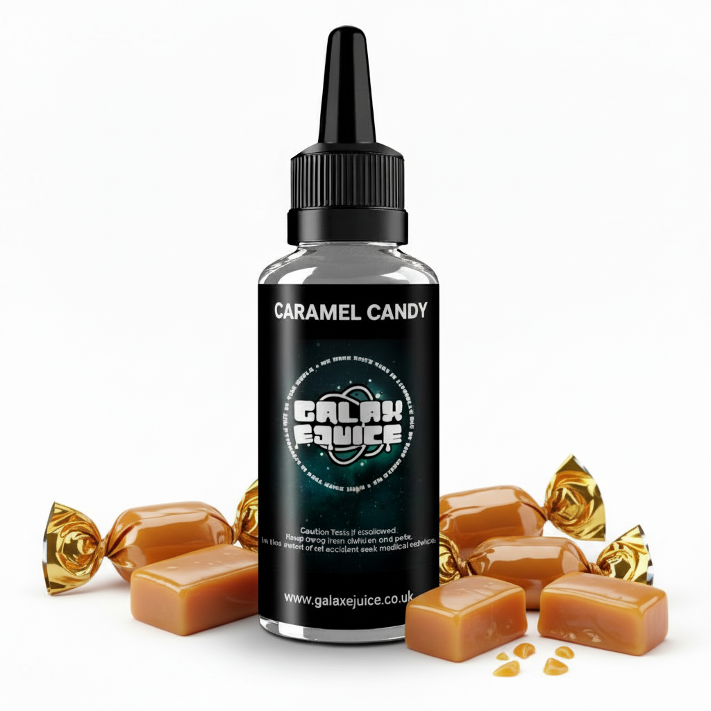 Bottle of Galax-E-Juice Caramel Candy E-Liquid 100ml Shortfill with caramel sweets on a white background