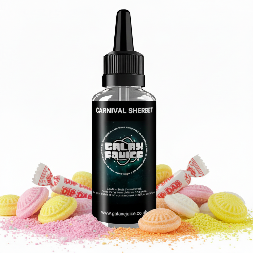 Bottle of Galax-E-Juice Carnival Sherbet E-Liquid 100ml Shortfill with colourful sherbet sweets on a white background
