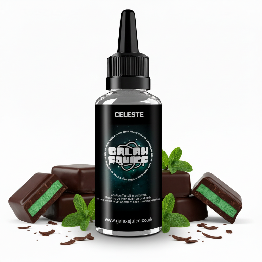 Bottle of Galax-E-Juice Celeste Chocolate Mint Cream E-Liquid 100ml Shortfill with chocolate and mint on a white background