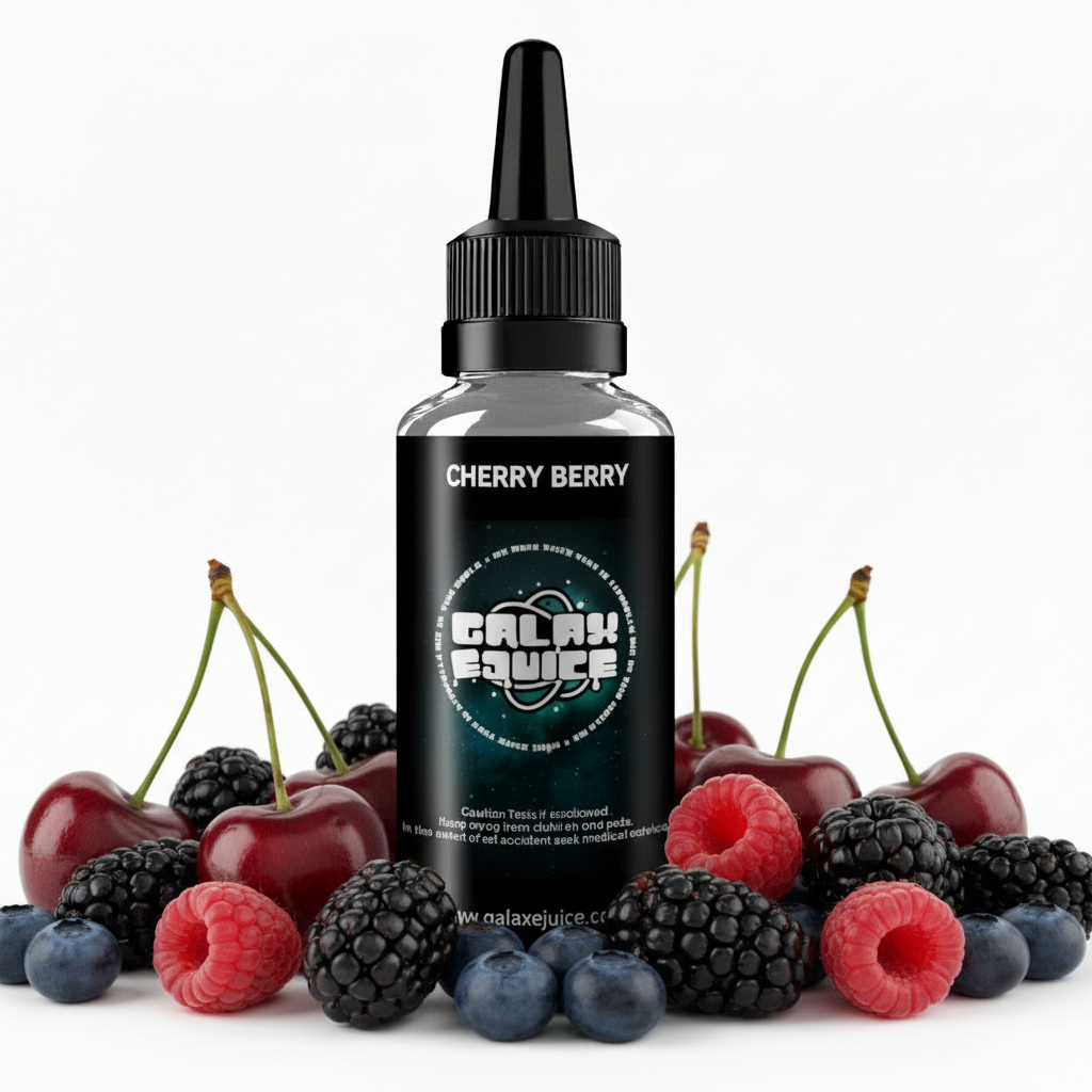 Bottle of Galax-E-Juice Cherry Berry E-Liquid 100ml Shortfill with cherries and mixed berries on a white background