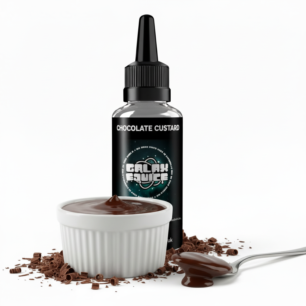 Bottle of Galax-E-Juice Chocolate Custard E-Liquid 100ml Shortfill with chocolate and custard on a white background