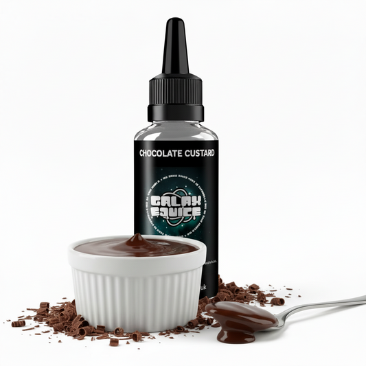 Bottle of Galax-E-Juice Chocolate Custard E-Liquid 100ml Shortfill with chocolate and custard on a white background