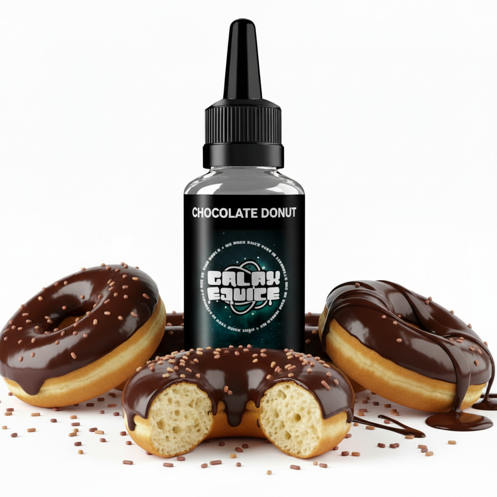Bottle of Galax-E-Juice Chocolate Donut E-Liquid 100ml Shortfill with a chocolate glazed donut on a white background