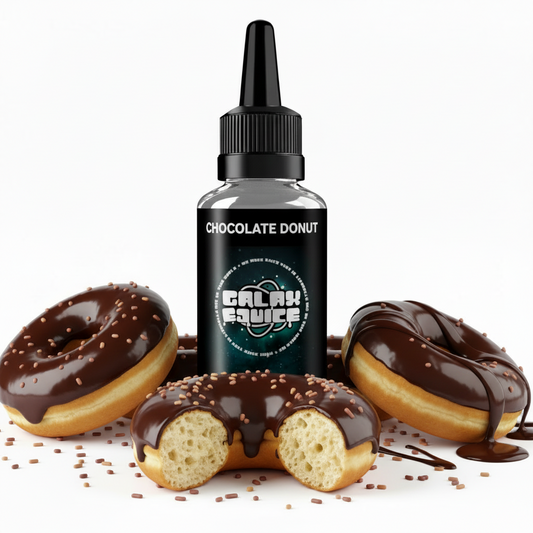 Bottle of Galax-E-Juice Chocolate Donut E-Liquid 100ml Shortfill with a chocolate glazed donut on a white background