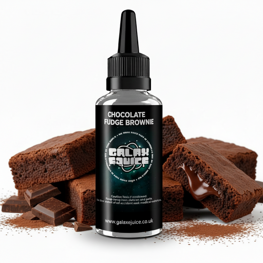 Bottle of Galax-E-Juice Chocolate Fudge Brownie E-Liquid 100ml Shortfill with a chocolate fudge brownie on a white background