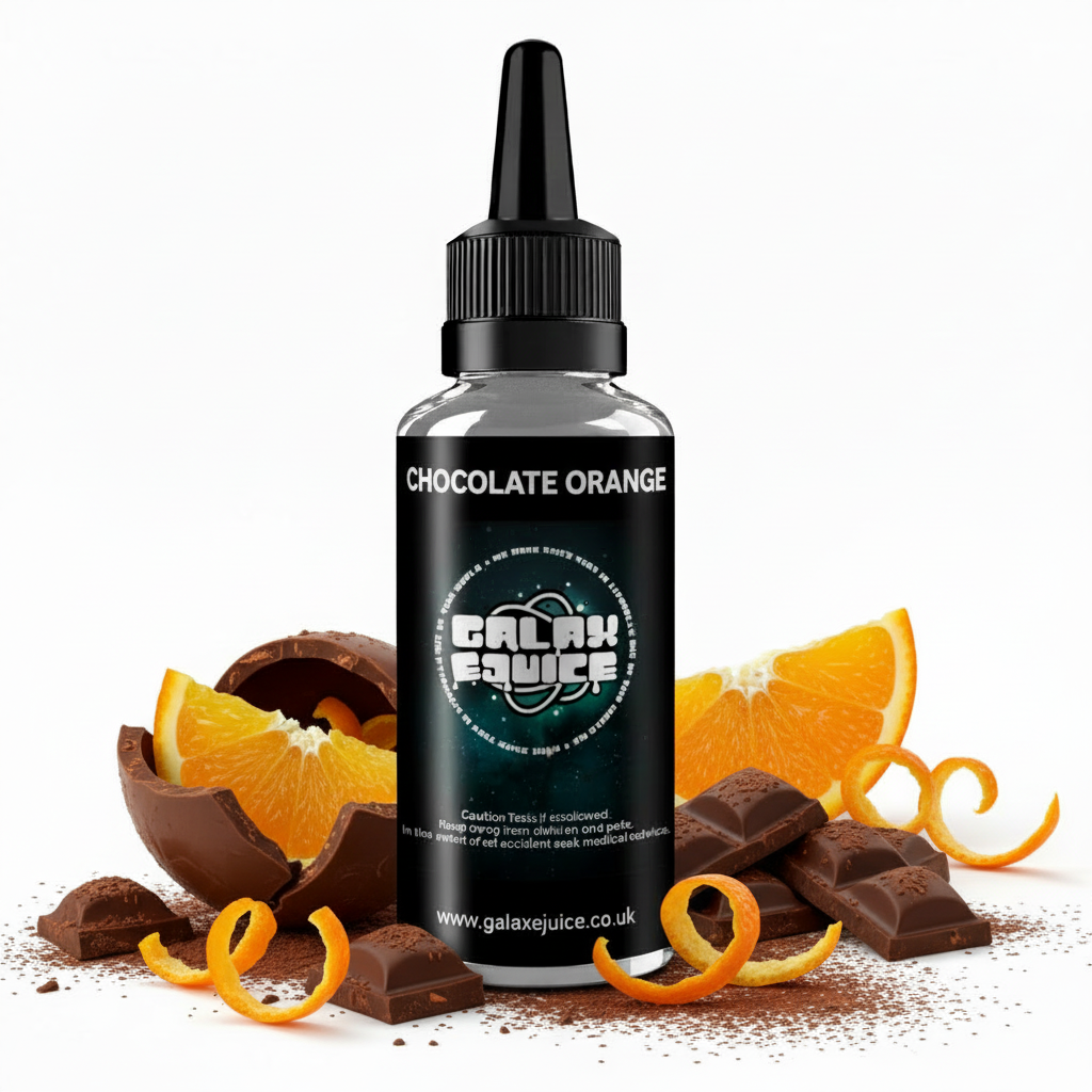 Bottle of Galax-E-Juice Chocolate Orange E-Liquid 100ml Shortfill with chocolate orange segments on a white background