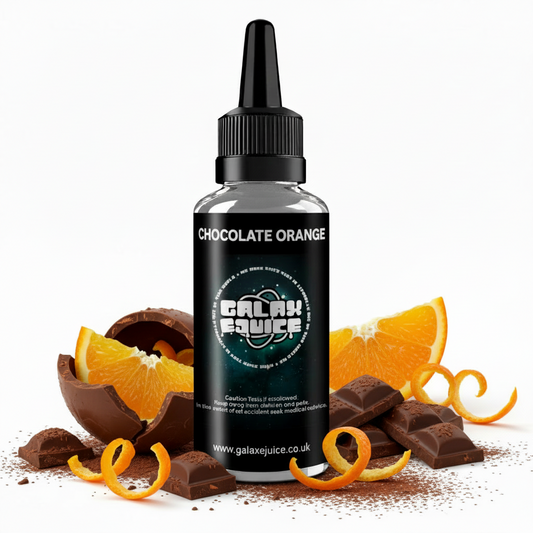 Bottle of Galax-E-Juice Chocolate Orange E-Liquid 100ml Shortfill with chocolate orange segments on a white background