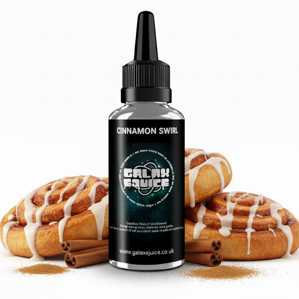 Bottle of Galax-E-Juice Cinnamon Danish Swirl E-Liquid 100ml Shortfill with a cinnamon danish pastry on a white background