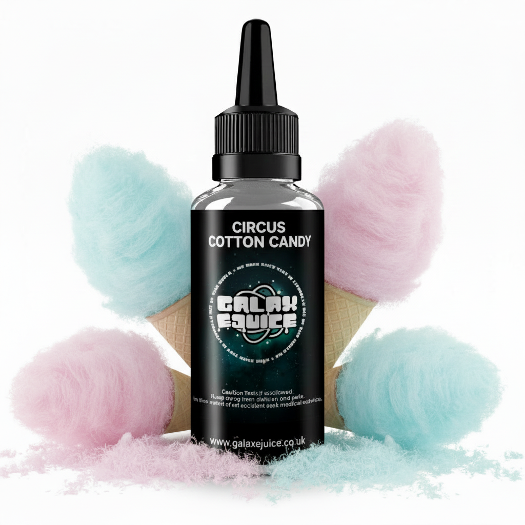 Bottle of Galax-E-Juice Circus Cotton Candy E-Liquid 100ml Shortfill with candy floss on a white background