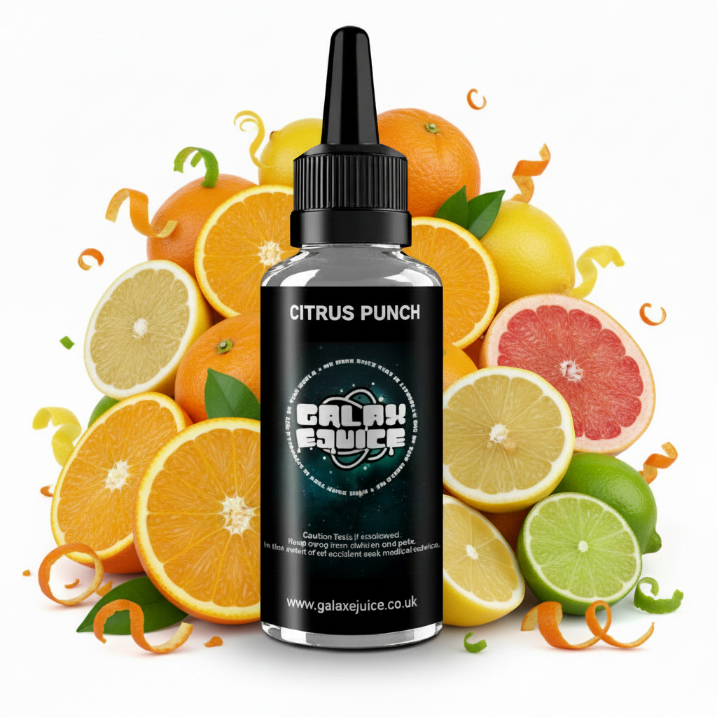 Bottle of Galax-E-Juice Citrus Punch E-Liquid 100ml Shortfill with citrus fruits on a white background