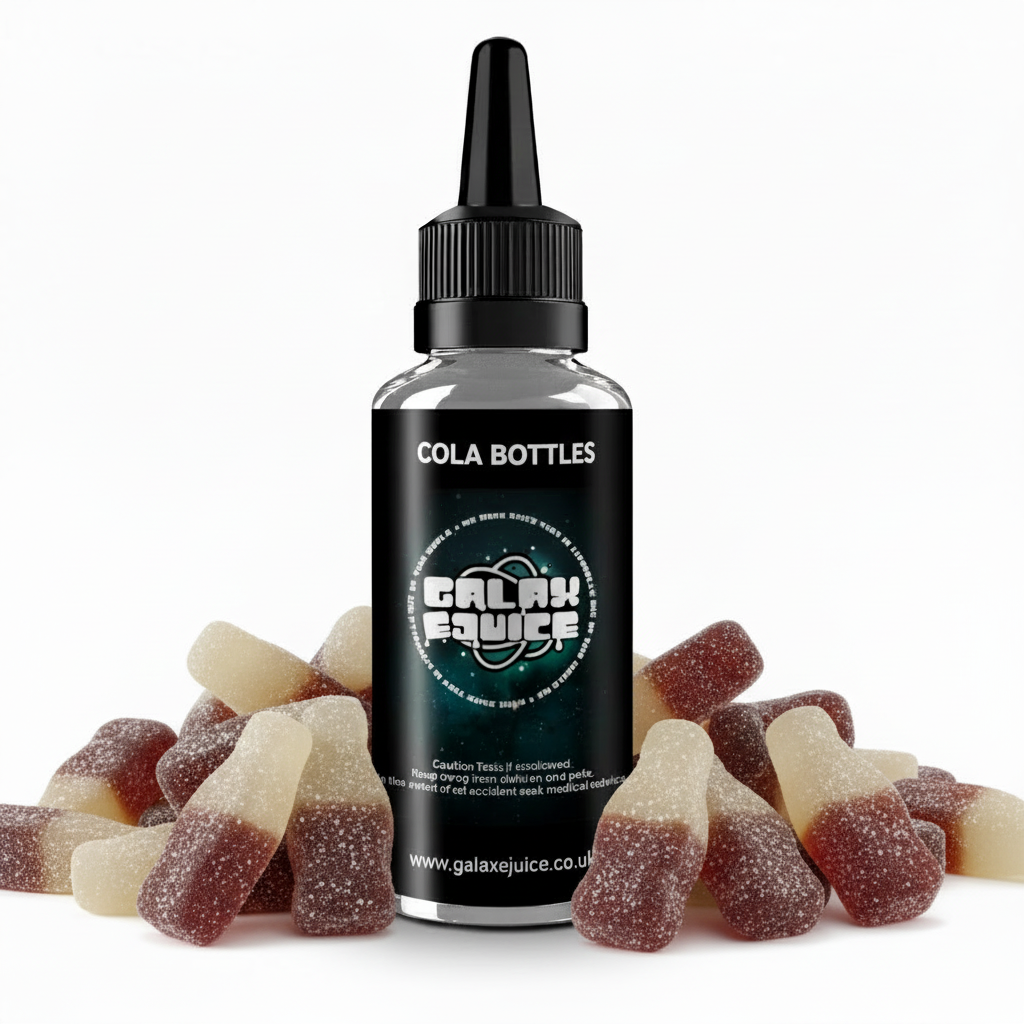 Bottle of Galax-E-Juice Cola Bottles E-Liquid 100ml Shortfill with cola bottle sweets on a white background