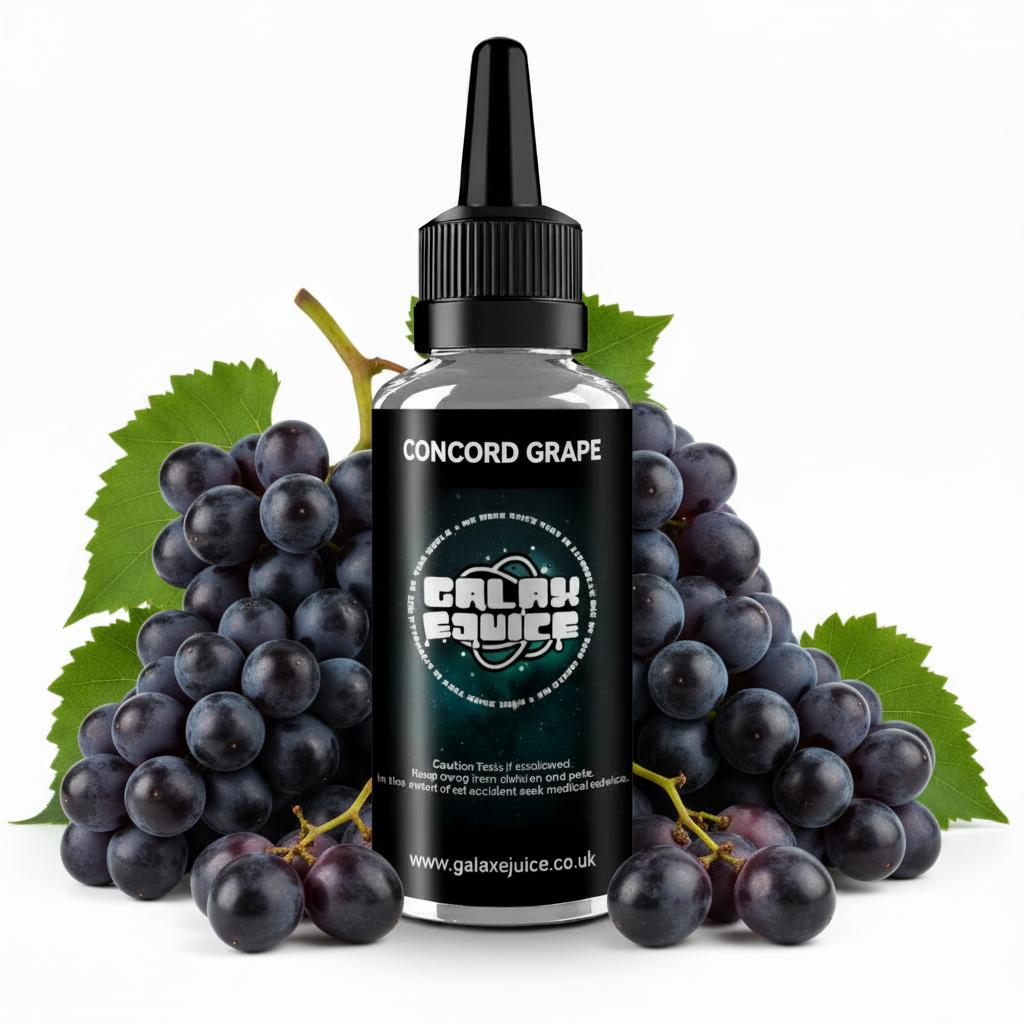 Bottle of Galax-E-Juice Concord Grape E-Liquid 100ml Shortfill with concord grapes on a white background