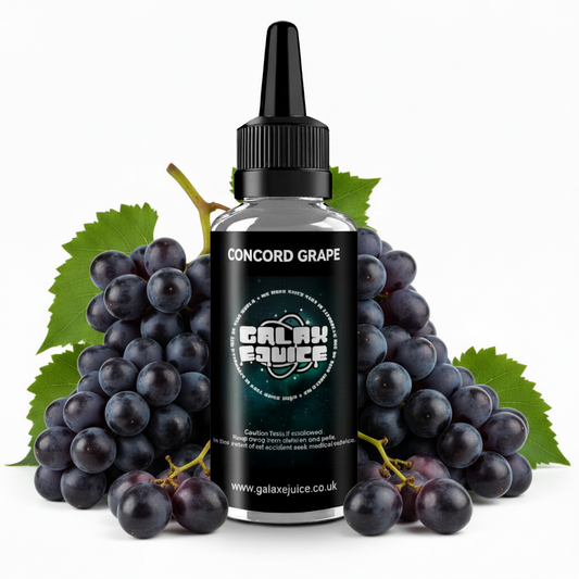Bottle of Galax-E-Juice Concord Grape E-Liquid 100ml Shortfill with concord grapes on a white background
