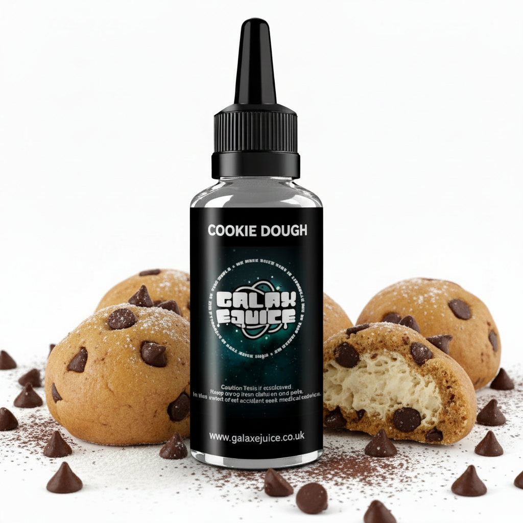 Bottle of Galax-E-Juice Cookie Dough E-Liquid 100ml Shortfill with cookie dough on a white background