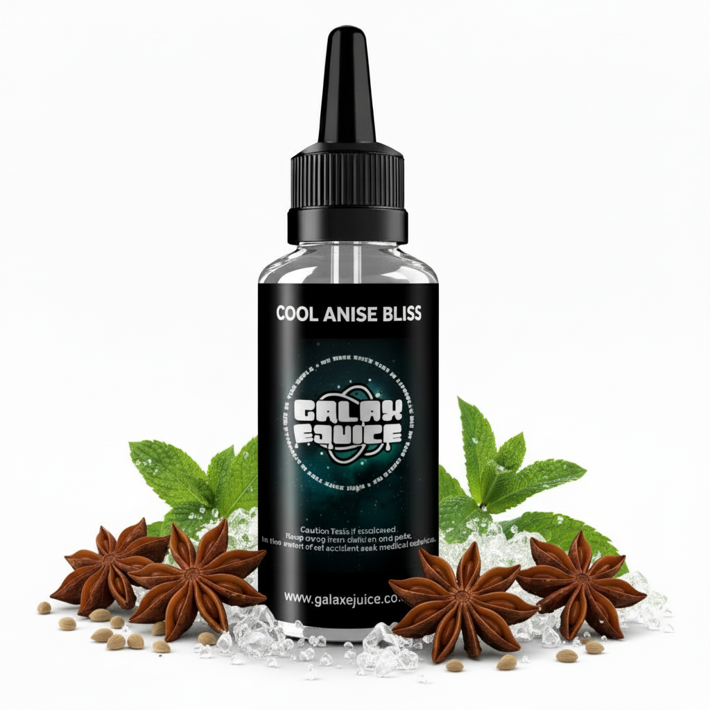 Bottle of Galax-E-Juice Cool Anise Bliss E-Liquid 100ml Shortfill with anise on a white background