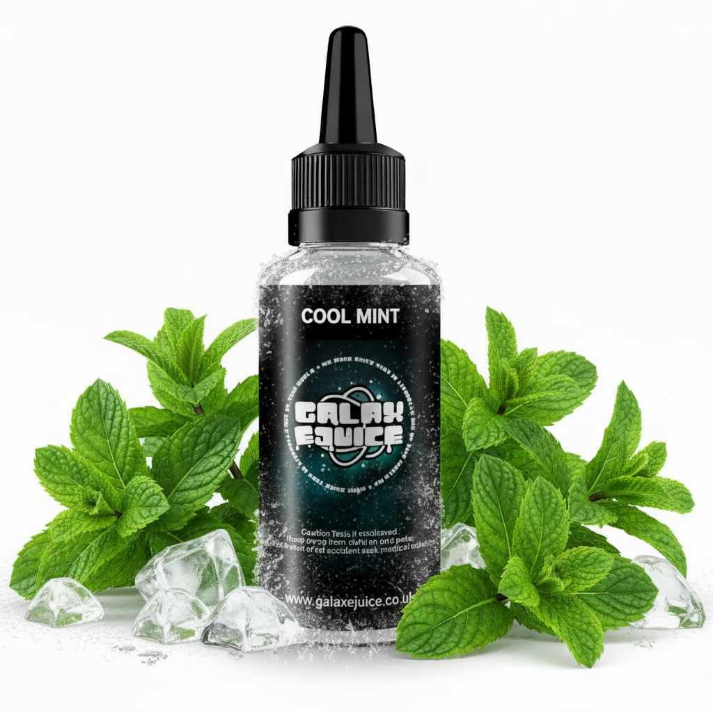 Bottle of Galax-E-Juice Cool Mint E-Liquid 100ml Shortfill with mint leaves on a white background